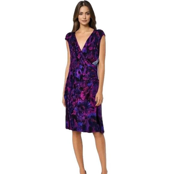 Chaps Dresses & Skirts - Chaps Sheath Dress Womens Large Purple Floral Faux Wrap Bodycon Ruched Surplice